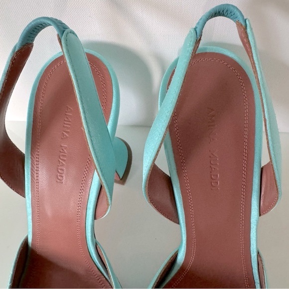 Amina Muaddi Begum Satin Slingback Pumps in Turquoise - Picture 7 of 10